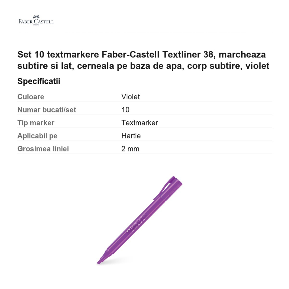 Set 10 textmarkere Faber-Castell Textliner 38, marcheaza subtire si lat, cerneala pe baza de apa, corp subtire, violet [3]