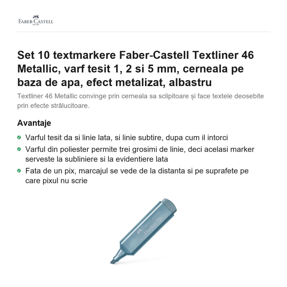 Set 10 textmarkere Faber-Castell Textliner 46 Metallic, varf tesit 1, 2 si 5 mm, cerneala pe baza de apa, efect metalizat, albastru [2]