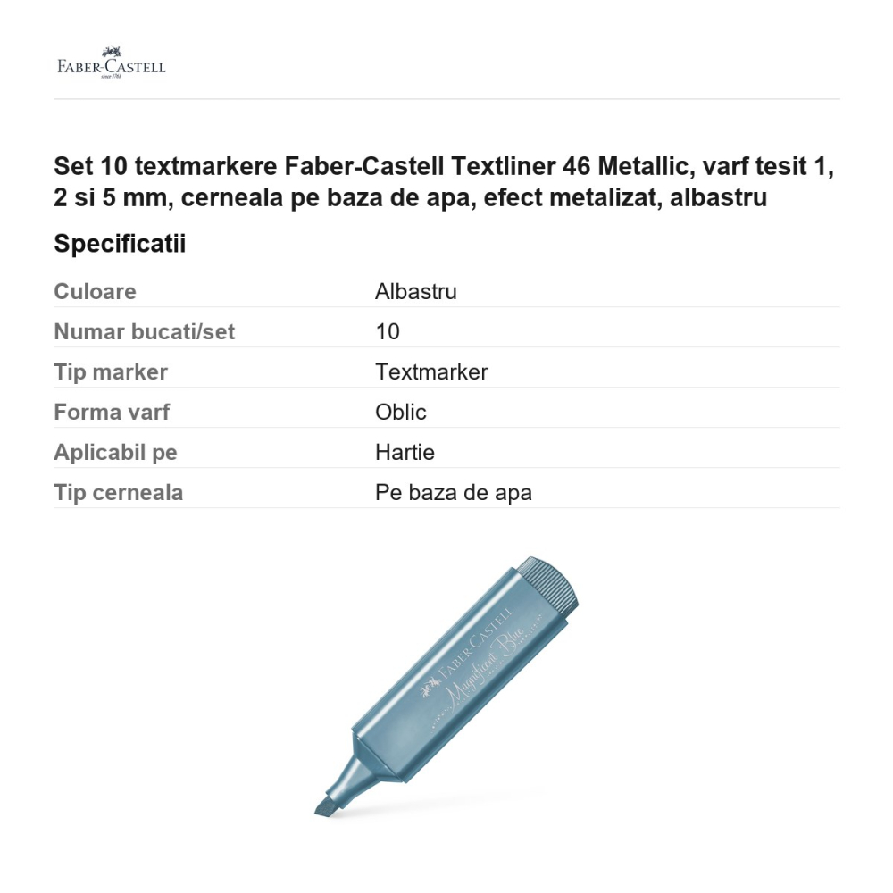 Set 10 textmarkere Faber-Castell Textliner 46 Metallic, varf tesit 1, 2 si 5 mm, cerneala pe baza de apa, efect metalizat, albastru [3]