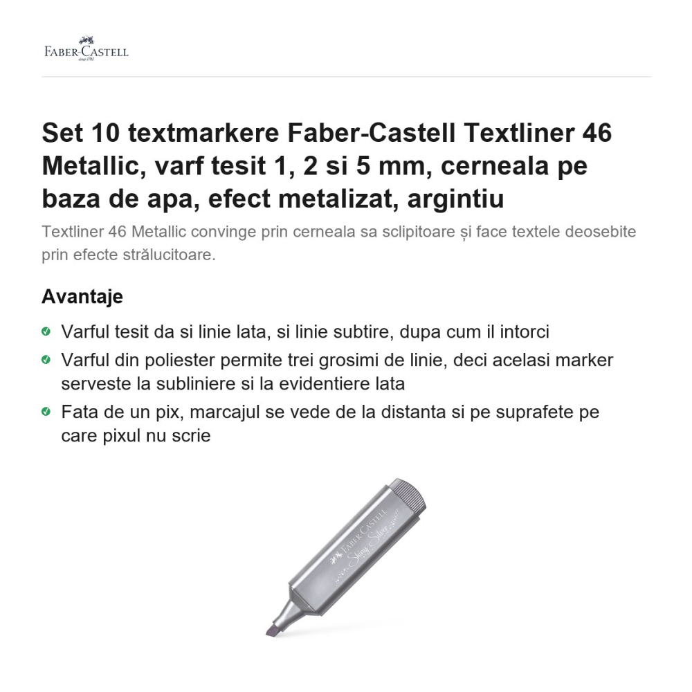 Set 10 textmarkere Faber-Castell Textliner 46 Metallic, varf tesit 1, 2 si 5 mm, cerneala pe baza de apa, efect metalizat, argintiu [2]