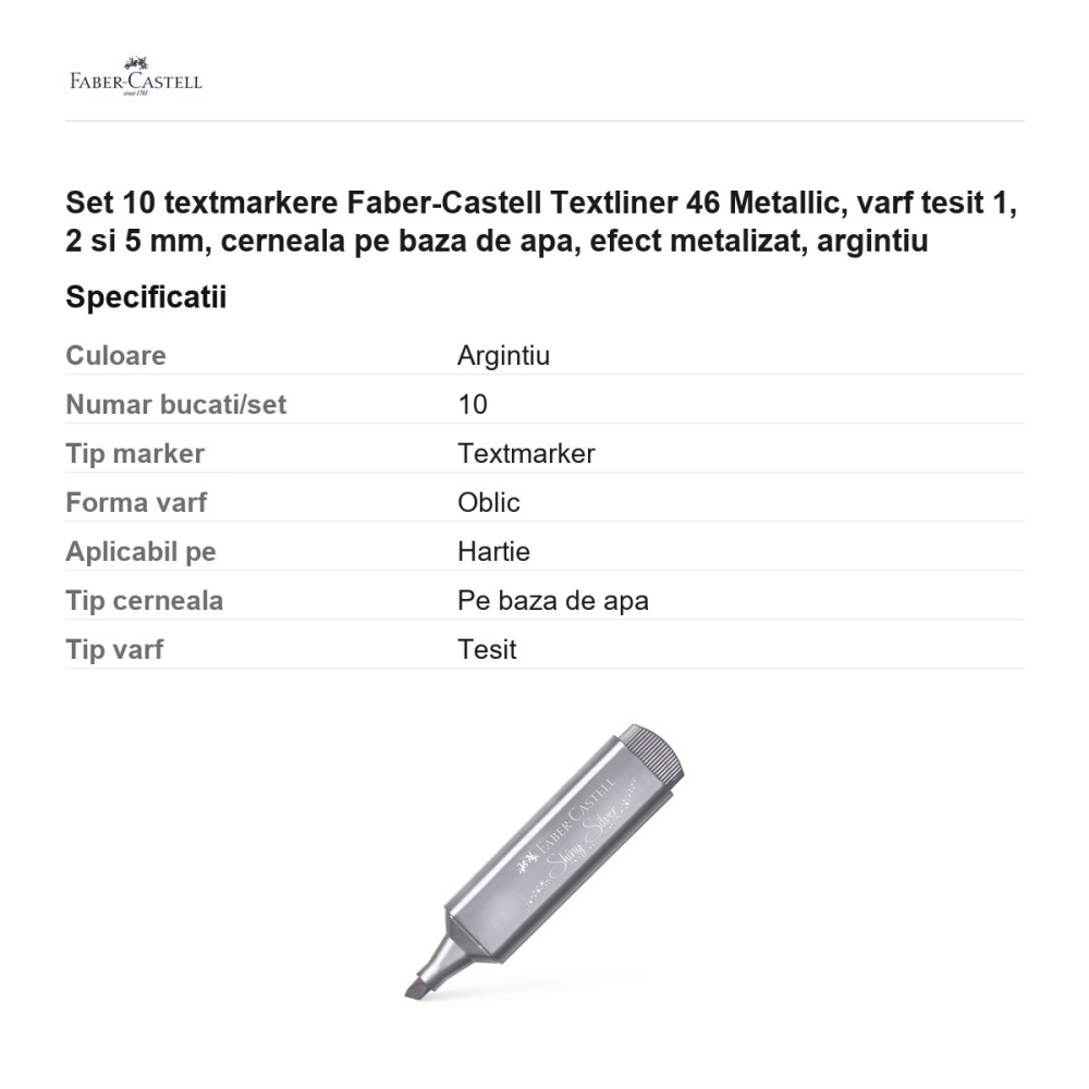 Set 10 textmarkere Faber-Castell Textliner 46 Metallic, varf tesit 1, 2 si 5 mm, cerneala pe baza de apa, efect metalizat, argintiu [3]