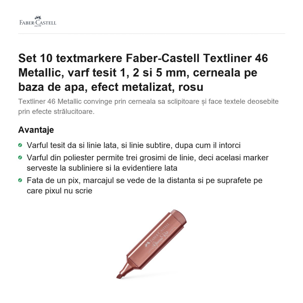 Set 10 textmarkere Faber-Castell Textliner 46 Metallic, varf tesit 1, 2 si 5 mm, cerneala pe baza de apa, efect metalizat, rosu [2]
