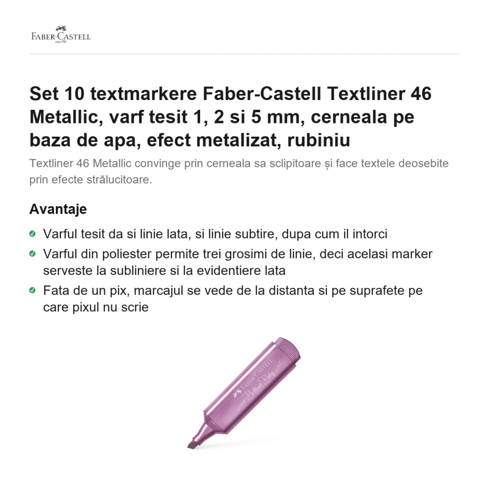 Set 10 textmarkere Faber-Castell Textliner 46 Metallic, varf tesit 1, 2 si 5 mm, cerneala pe baza de apa, efect metalizat, rubiniu [2]
