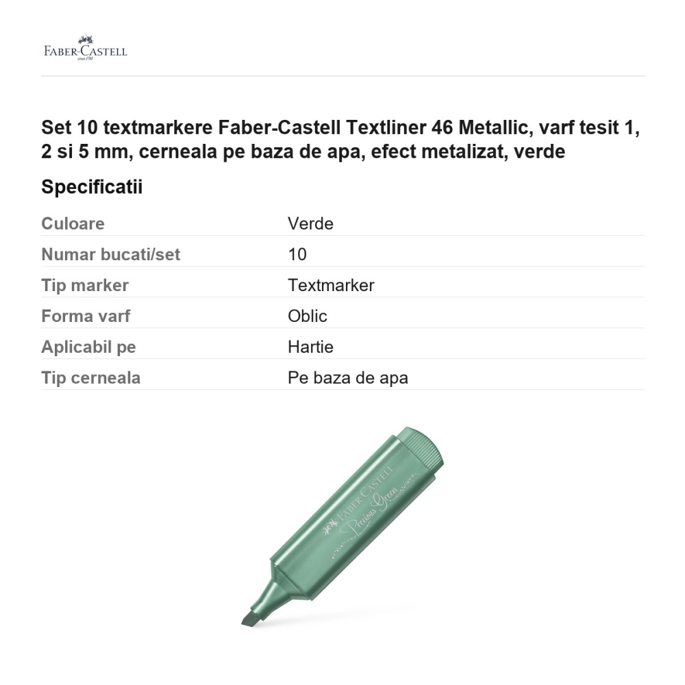 Set 10 textmarkere Faber-Castell Textliner 46 Metallic, varf tesit 1, 2 si 5 mm, cerneala pe baza de apa, efect metalizat, verde [3]