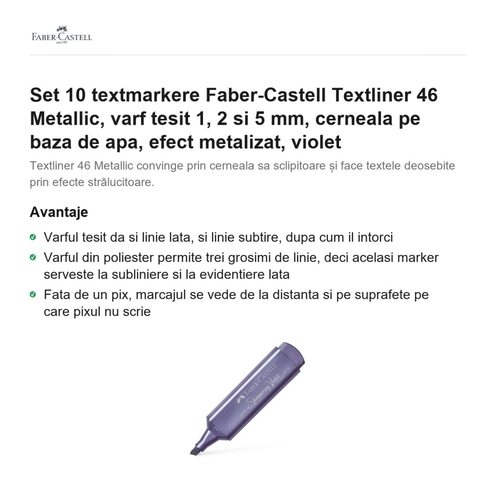 Set 10 textmarkere Faber-Castell Textliner 46 Metallic, varf tesit 1, 2 si 5 mm, cerneala pe baza de apa, efect metalizat, violet [2]