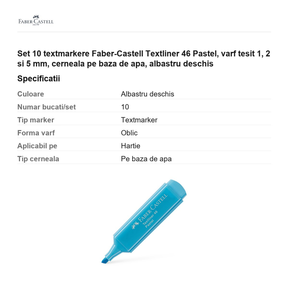 Set 10 textmarkere Faber-Castell Textliner 46 Pastel, varf tesit 1, 2 si 5 mm, cerneala pe baza de apa, albastru deschis [3]