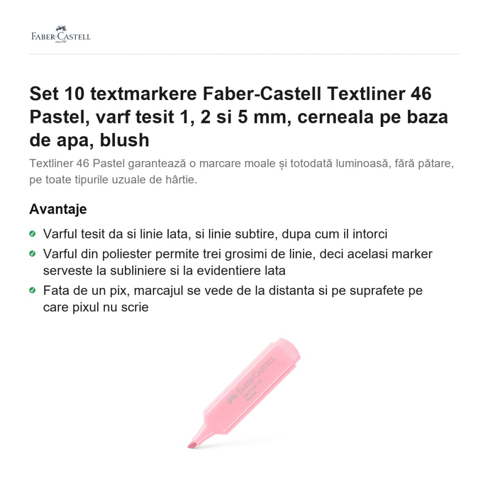 Set 10 textmarkere Faber-Castell Textliner 46 Pastel, varf tesit 1, 2 si 5 mm, cerneala pe baza de apa, blush [2]