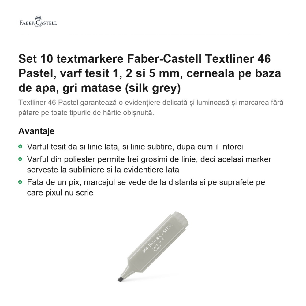 Set 10 textmarkere Faber-Castell Textliner 46 Pastel, varf tesit 1, 2 si 5 mm, cerneala pe baza de apa, gri matase (silk grey) [2]