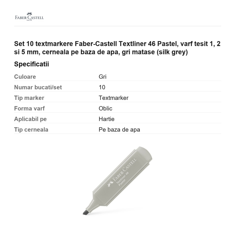 Set 10 textmarkere Faber-Castell Textliner 46 Pastel, varf tesit 1, 2 si 5 mm, cerneala pe baza de apa, gri matase (silk grey) [3]