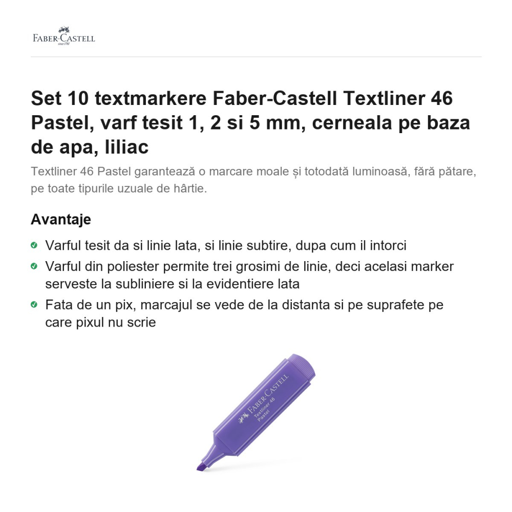 Set 10 textmarkere Faber-Castell Textliner 46 Pastel, varf tesit 1, 2 si 5 mm, cerneala pe baza de apa, liliac [2]