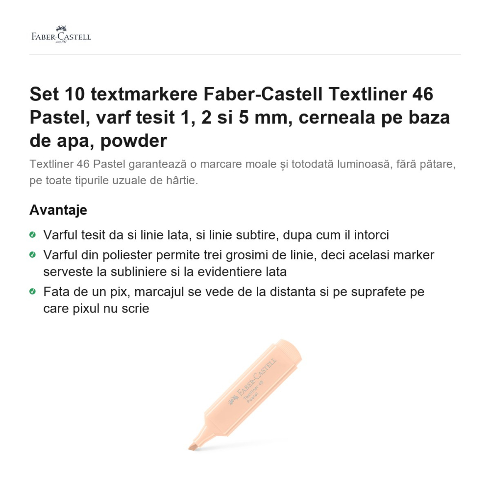 Set 10 textmarkere Faber-Castell Textliner 46 Pastel, varf tesit 1, 2 si 5 mm, cerneala pe baza de apa, powder [2]