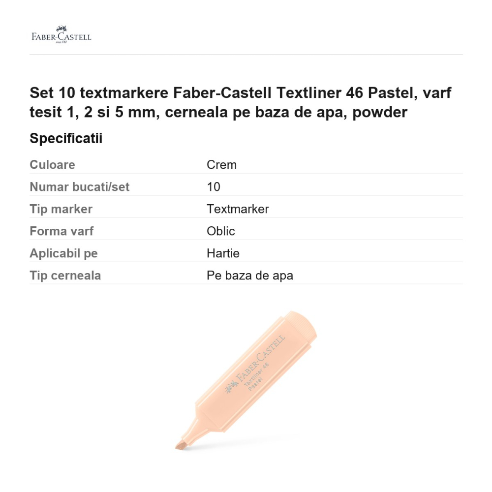 Set 10 textmarkere Faber-Castell Textliner 46 Pastel, varf tesit 1, 2 si 5 mm, cerneala pe baza de apa, powder [3]
