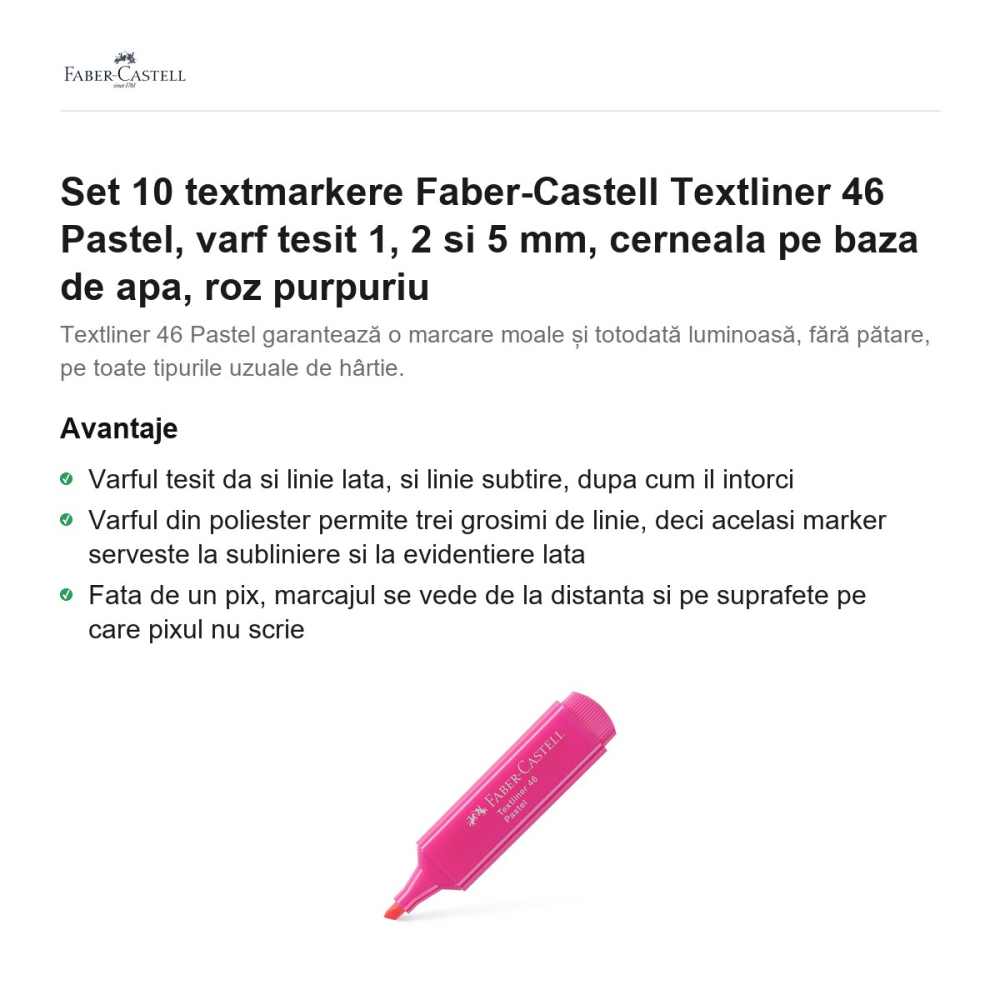 Set 10 textmarkere Faber-Castell Textliner 46 Pastel, varf tesit 1, 2 si 5 mm, cerneala pe baza de apa, roz purpuriu [2]