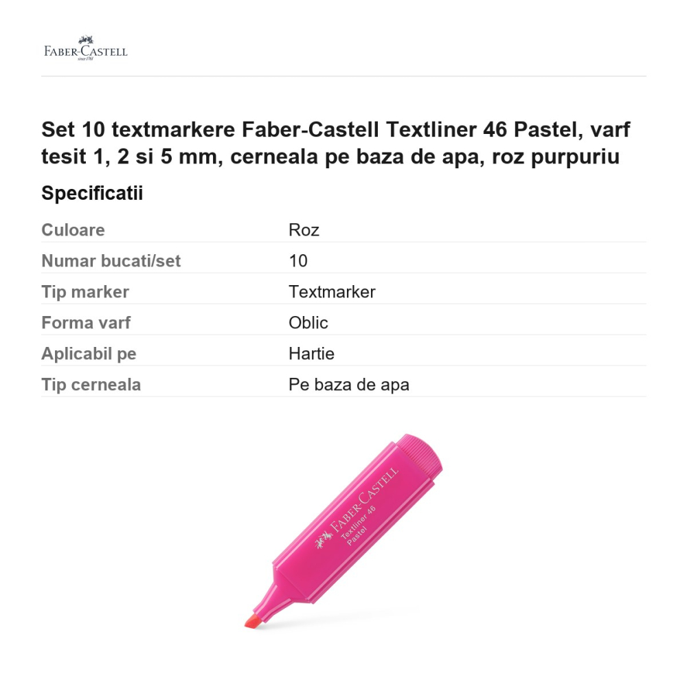 Set 10 textmarkere Faber-Castell Textliner 46 Pastel, varf tesit 1, 2 si 5 mm, cerneala pe baza de apa, roz purpuriu [3]