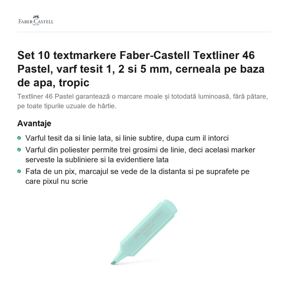 Set 10 textmarkere Faber-Castell Textliner 46 Pastel, varf tesit 1, 2 si 5 mm, cerneala pe baza de apa, tropic [2]