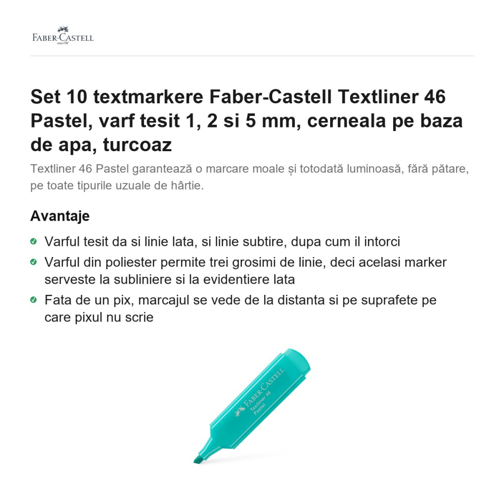 Set 10 textmarkere Faber-Castell Textliner 46 Pastel, varf tesit 1, 2 si 5 mm, cerneala pe baza de apa, turcoaz [2]