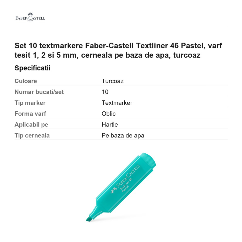 Set 10 textmarkere Faber-Castell Textliner 46 Pastel, varf tesit 1, 2 si 5 mm, cerneala pe baza de apa, turcoaz [3]