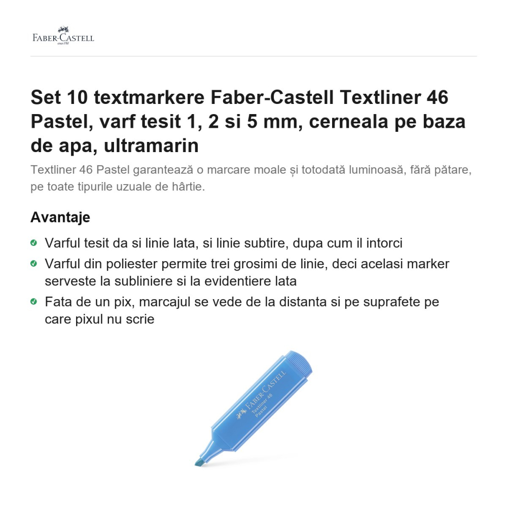 Set 10 textmarkere Faber-Castell Textliner 46 Pastel, varf tesit 1, 2 si 5 mm, cerneala pe baza de apa, ultramarin [2]