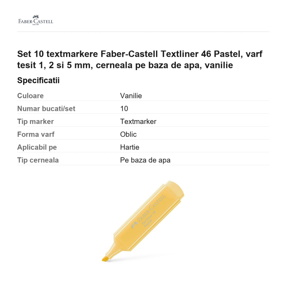 Set 10 textmarkere Faber-Castell Textliner 46 Pastel, varf tesit 1, 2 si 5 mm, cerneala pe baza de apa, vanilie [3]