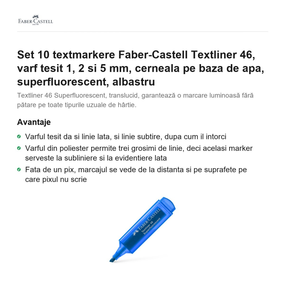 Set 10 textmarkere Faber-Castell Textliner 46, varf tesit 1, 2 si 5 mm, cerneala pe baza de apa, superfluorescent, albastru [2]