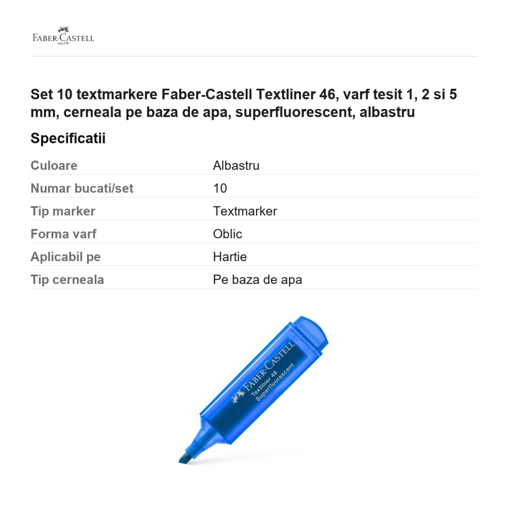 Set 10 textmarkere Faber-Castell Textliner 46, varf tesit 1, 2 si 5 mm, cerneala pe baza de apa, superfluorescent, albastru [3]