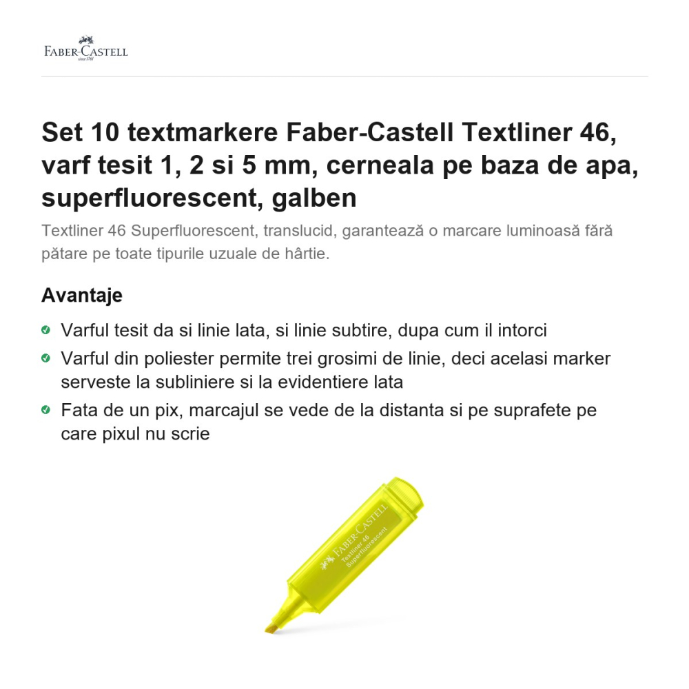 Set 10 textmarkere Faber-Castell Textliner 46, varf tesit 1, 2 si 5 mm, cerneala pe baza de apa, superfluorescent, galben [2]