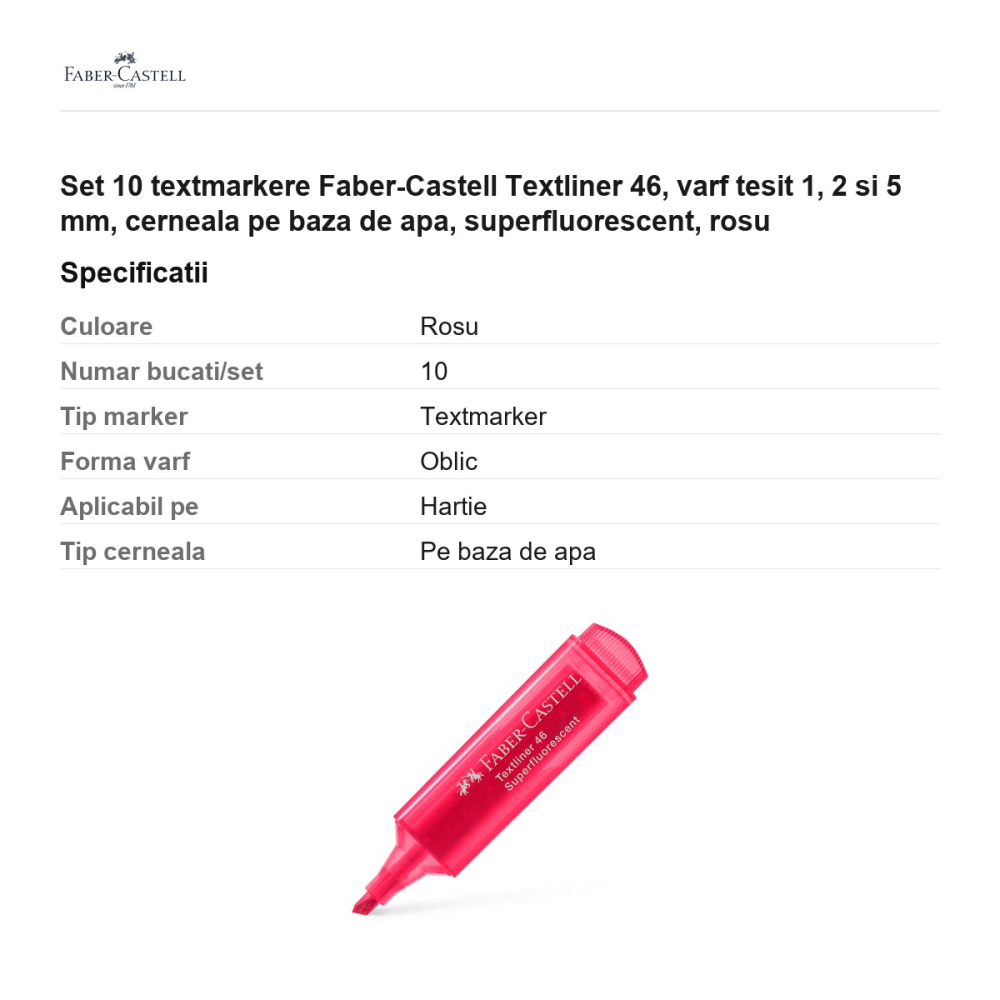 Set 10 textmarkere Faber-Castell Textliner 46, varf tesit 1, 2 si 5 mm, cerneala pe baza de apa, superfluorescent, rosu [3]