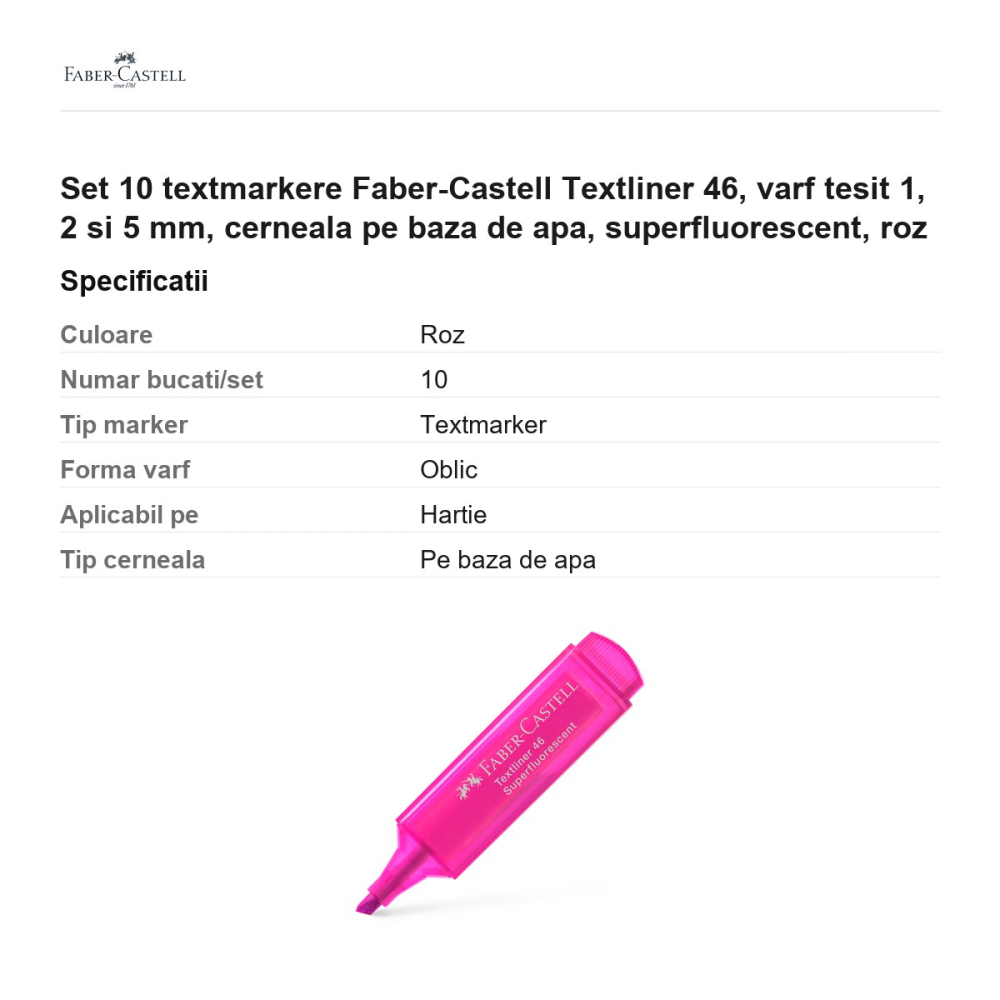Set 10 textmarkere Faber-Castell Textliner 46, varf tesit 1, 2 si 5 mm, cerneala pe baza de apa, superfluorescent, roz [3]