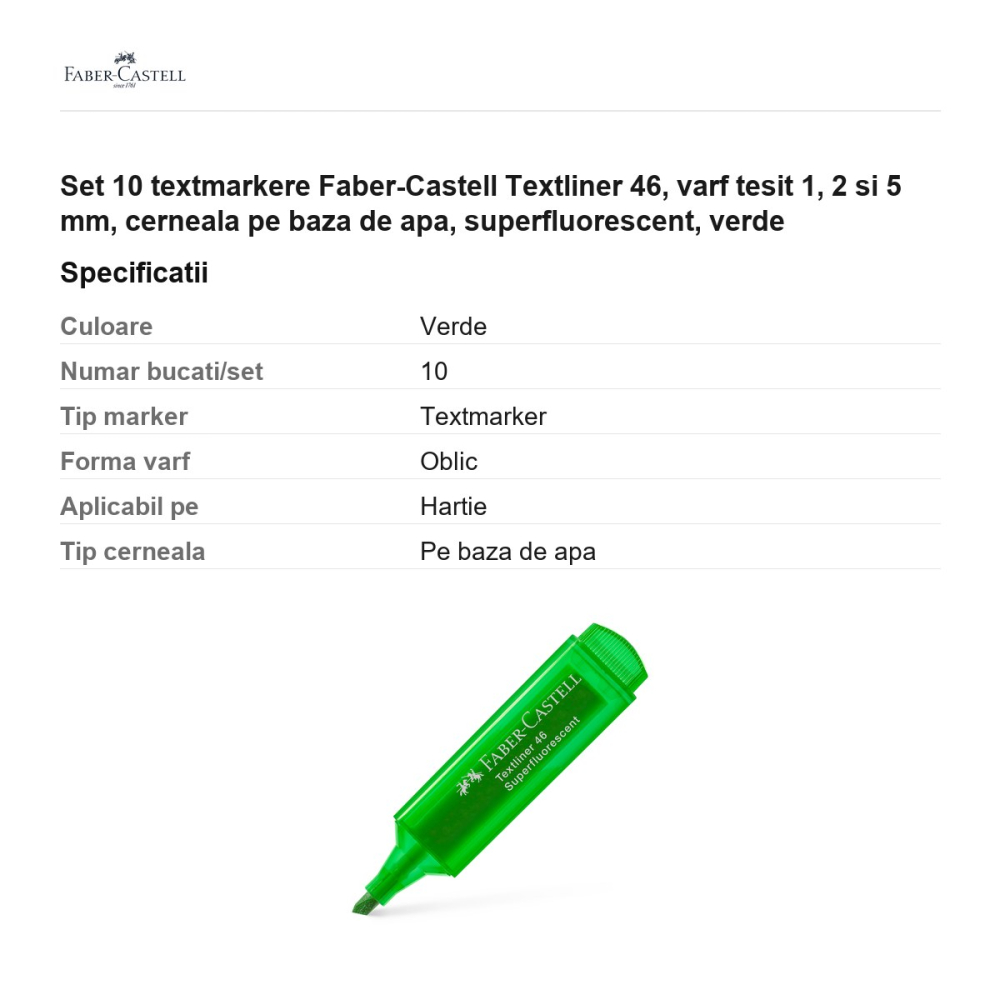 Set 10 textmarkere Faber-Castell Textliner 46, varf tesit 1, 2 si 5 mm, cerneala pe baza de apa, superfluorescent, verde [3]