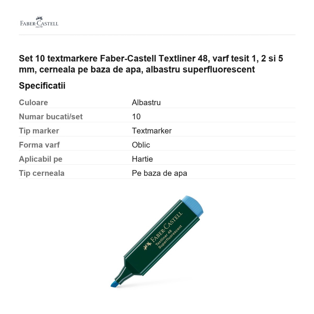 Set 10 textmarkere Faber-Castell Textliner 48, varf tesit 1, 2 si 5 mm, cerneala pe baza de apa, albastru superfluorescent [3]