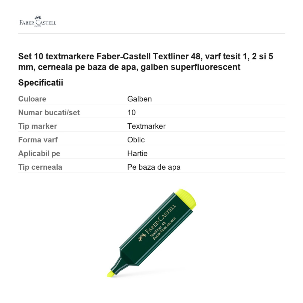 Set 10 textmarkere Faber-Castell Textliner 48, varf tesit 1, 2 si 5 mm, cerneala pe baza de apa, galben superfluorescent [3]