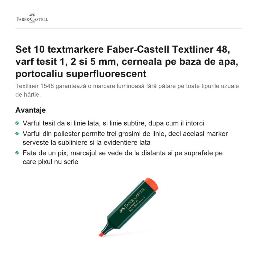 Set 10 textmarkere Faber-Castell Textliner 48, varf tesit 1, 2 si 5 mm, cerneala pe baza de apa, portocaliu superfluorescent [2]
