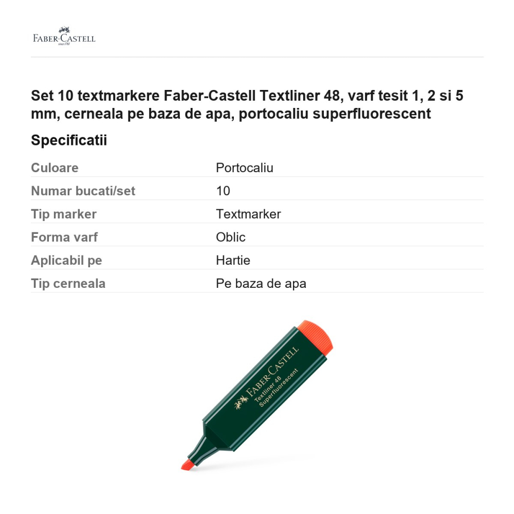Set 10 textmarkere Faber-Castell Textliner 48, varf tesit 1, 2 si 5 mm, cerneala pe baza de apa, portocaliu superfluorescent [3]