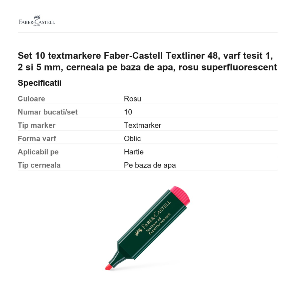 Set 10 textmarkere Faber-Castell Textliner 48, varf tesit 1, 2 si 5 mm, cerneala pe baza de apa, rosu superfluorescent [3]