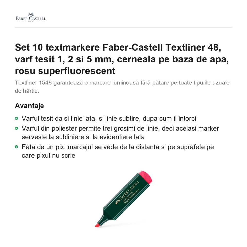 Set 10 textmarkere Faber-Castell Textliner 48, varf tesit 1, 2 si 5 mm, cerneala pe baza de apa, rosu superfluorescent [2]