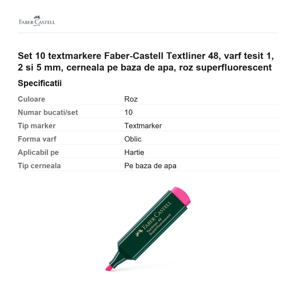 Set 10 textmarkere Faber-Castell Textliner 48, varf tesit 1, 2 si 5 mm, cerneala pe baza de apa, roz superfluorescent [3]