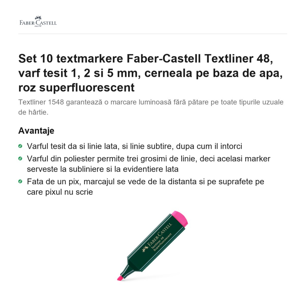 Set 10 textmarkere Faber-Castell Textliner 48, varf tesit 1, 2 si 5 mm, cerneala pe baza de apa, roz superfluorescent [2]