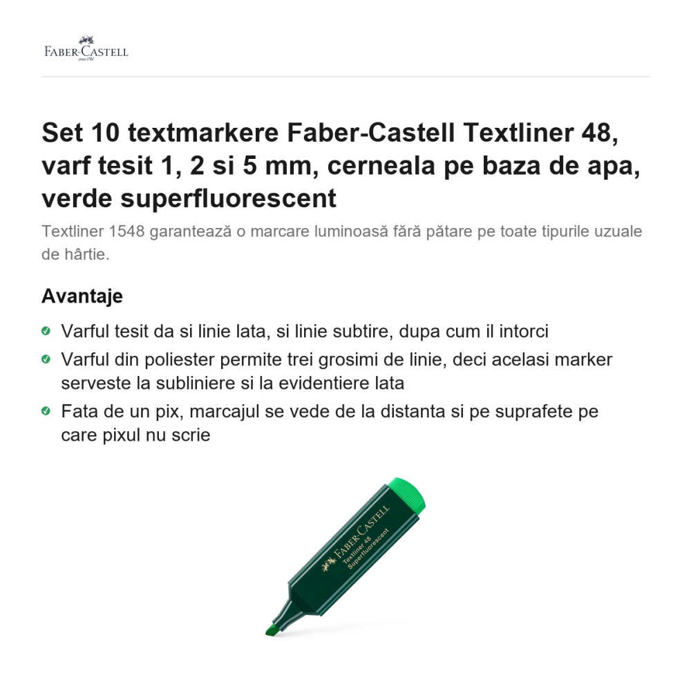 Set 10 textmarkere Faber-Castell Textliner 48, varf tesit 1, 2 si 5 mm, cerneala pe baza de apa, verde superfluorescent [2]