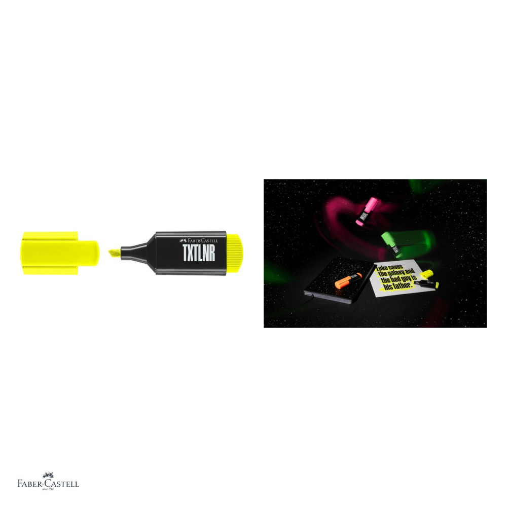 Set 10 textmarkere Faber-Castell TXTLNR, varf tesit 1, 2 si 5 mm, cerneala pe baza de apa, format mini, superfluorescent, galben [4]
