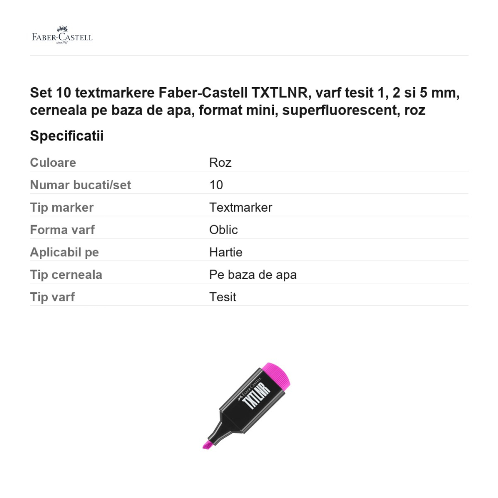 Set 10 textmarkere Faber-Castell TXTLNR, varf tesit 1, 2 si 5 mm, cerneala pe baza de apa, format mini, superfluorescent, roz [3]