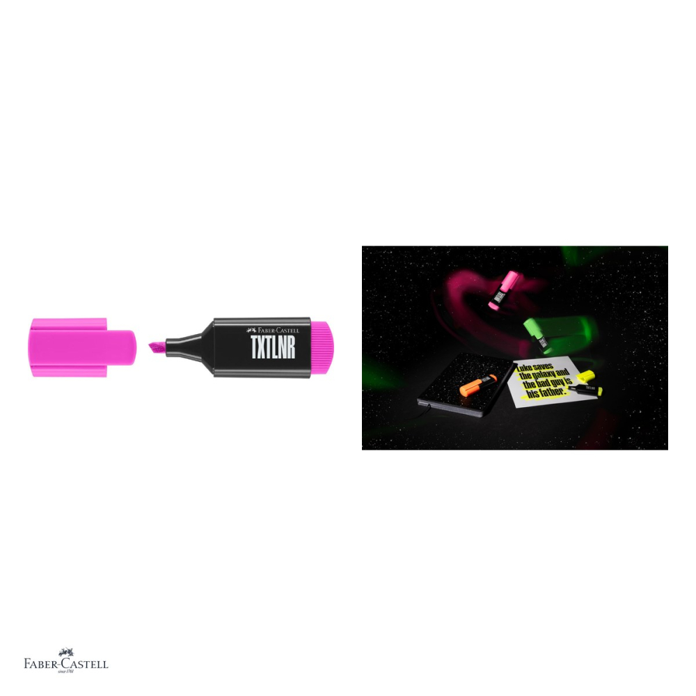 Set 10 textmarkere Faber-Castell TXTLNR, varf tesit 1, 2 si 5 mm, cerneala pe baza de apa, format mini, superfluorescent, roz [4]