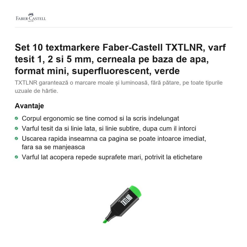 Set 10 textmarkere Faber-Castell TXTLNR, varf tesit 1, 2 si 5 mm, cerneala pe baza de apa, format mini, superfluorescent, verde [2]