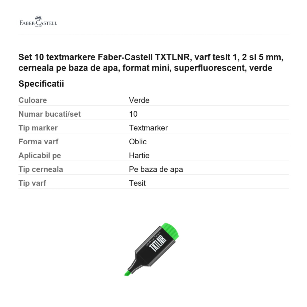 Set 10 textmarkere Faber-Castell TXTLNR, varf tesit 1, 2 si 5 mm, cerneala pe baza de apa, format mini, superfluorescent, verde [3]