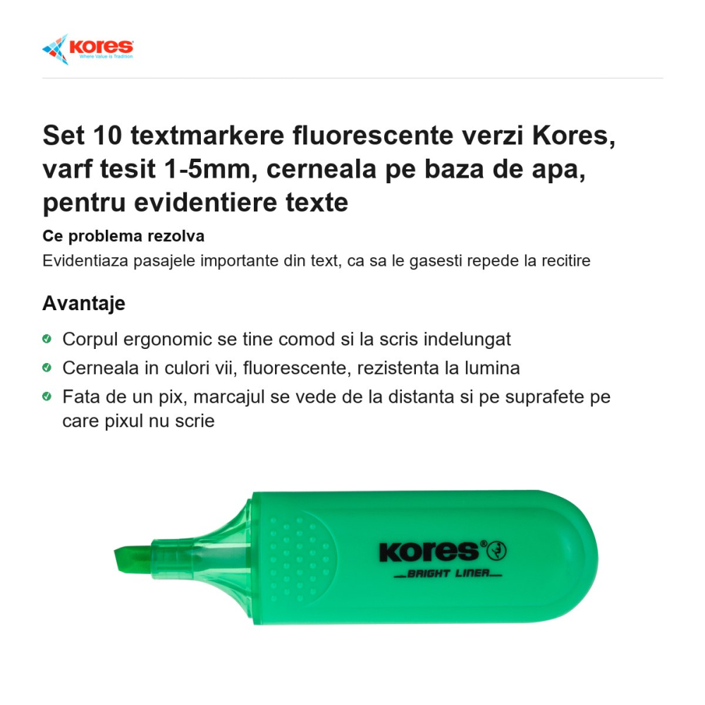 Set 10 textmarkere fluorescente verzi Kores, varf tesit 1-5mm, cerneala pe baza de apa, pentru evidentiere texte [2]