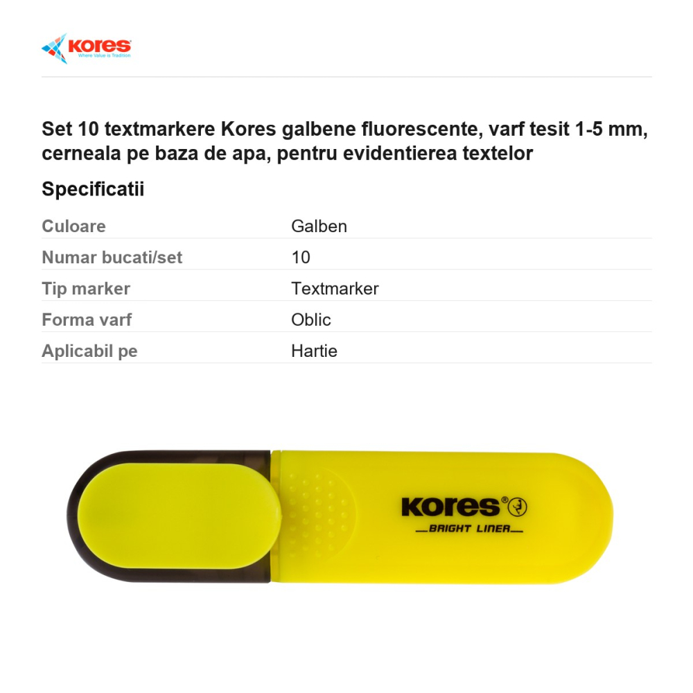 Set 10 textmarkere Kores galbene fluorescente, varf tesit 1-5 mm, cerneala pe baza de apa, pentru evidentierea textelor [3]