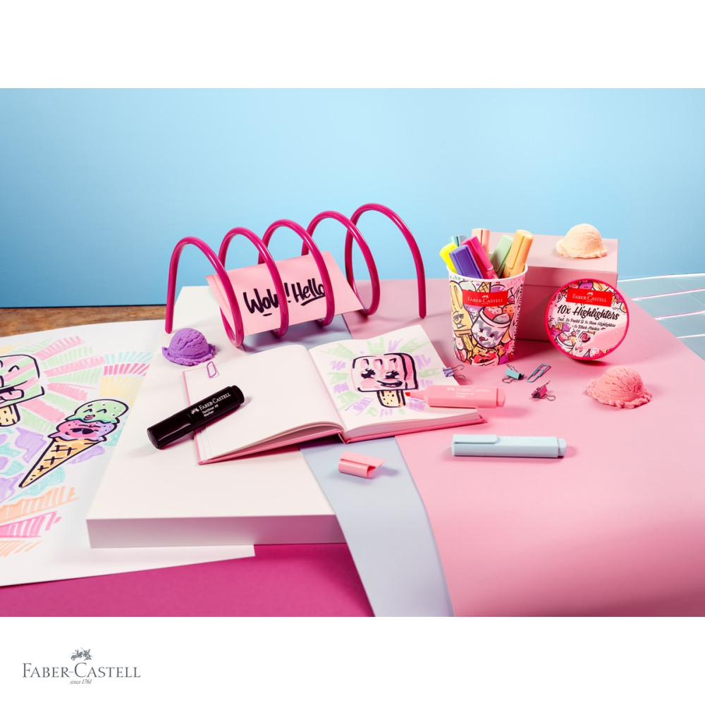 Set 10 textmarkere pastel editie speciala Faber-Castell, cutie inghetata, varf tesit, cerneala pe baza de apa [4]