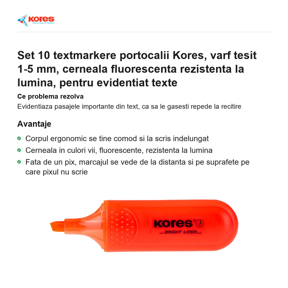 Set 10 textmarkere portocalii Kores, varf tesit 1-5 mm, cerneala fluorescenta rezistenta la lumina, pentru evidentiat texte [2]