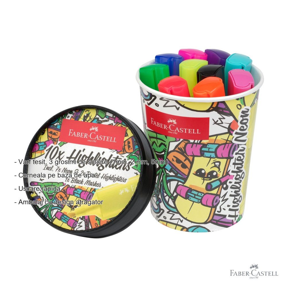 Set 10 textmarkere superfluorescente Faber-Castell, editie speciala cutie inghetata, varf tesit [2]