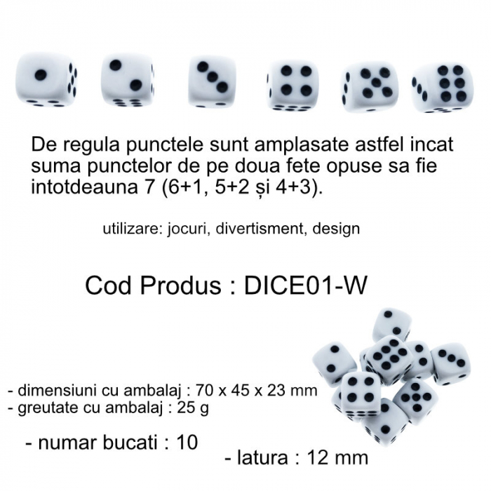 Set 10 zaruri albe cu puncte negre, DICE01-W, cu latura de 12 mm [5]
