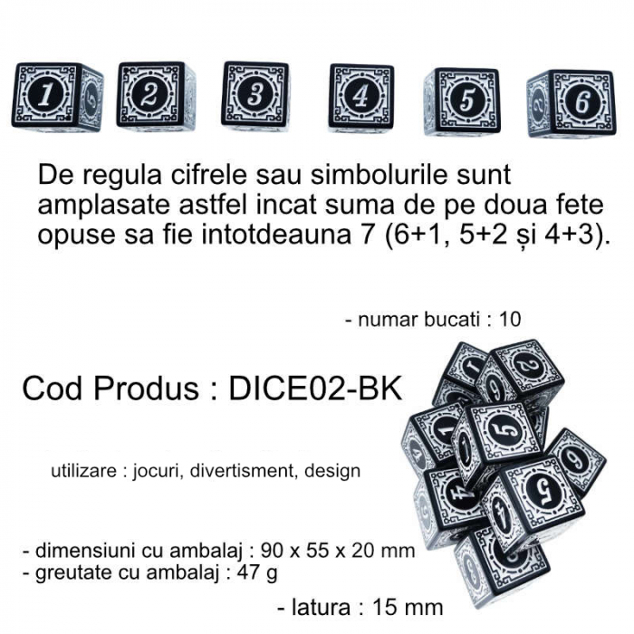 Set 10 zaruri cu cifre arabe si design, DICE02-BK, latura 15 mm, negru cu alb [5]